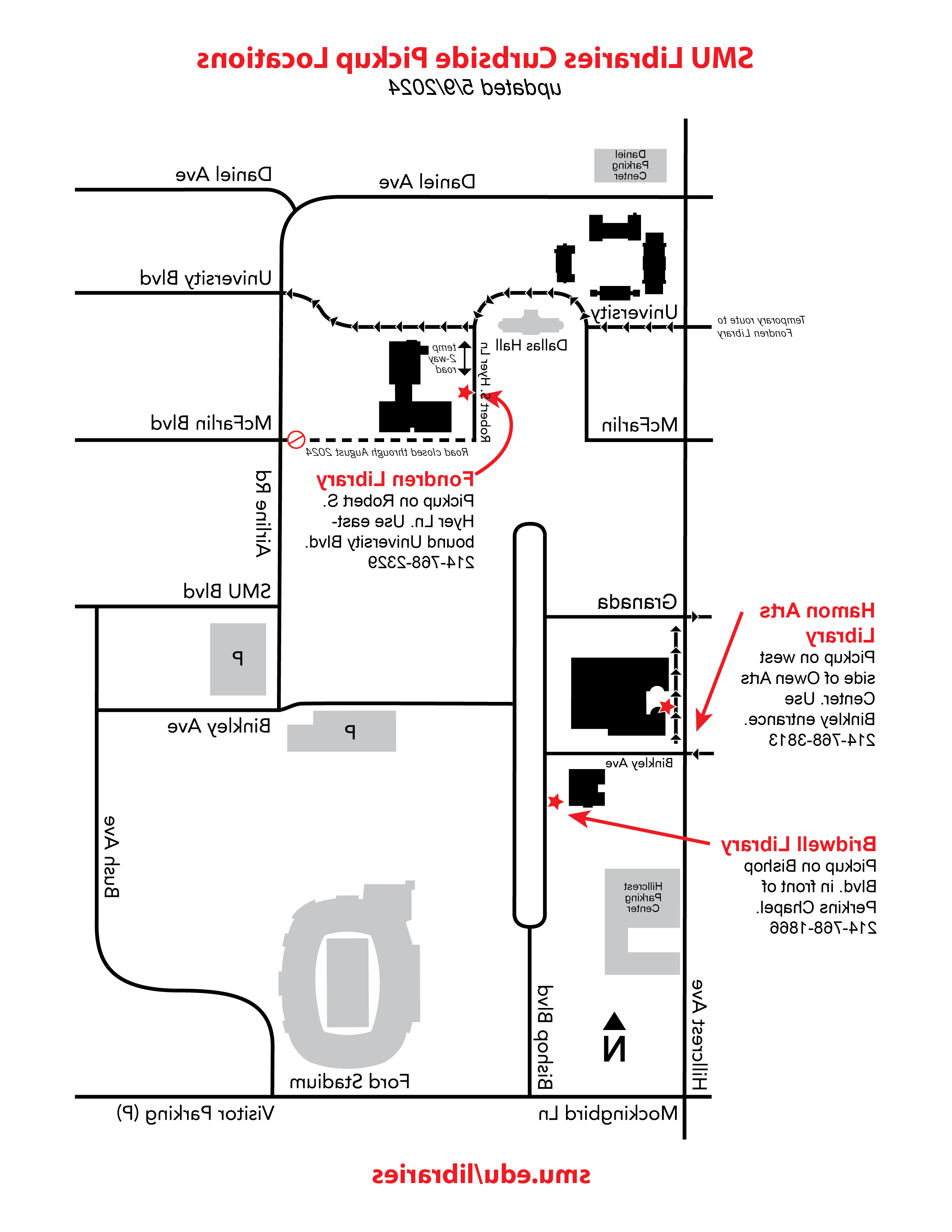 map of library curbside pickup locations at SMU